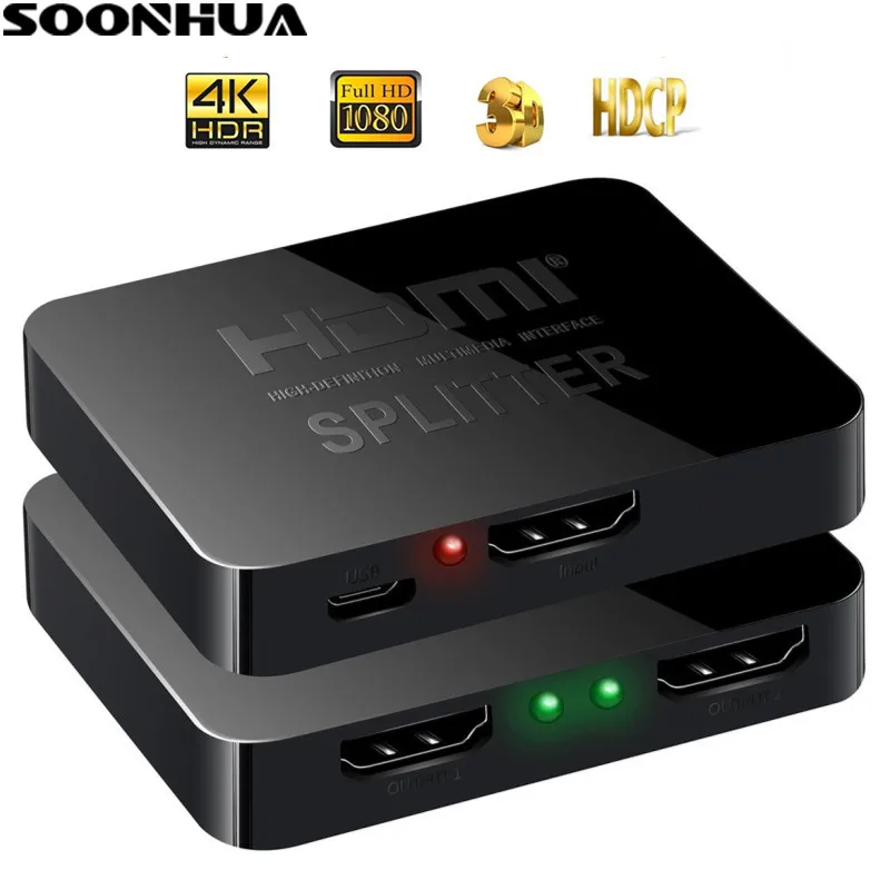 

SOONHUA HDMI Splitter Switcher 3 Port Hub XBox Auto Switch Full HD 1080P Video 1 in 2 Out Amplifier Display Support 4k VR Device