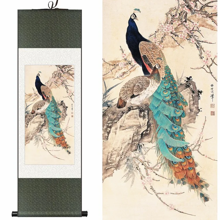 

Traditional Chinese Silk watercolor ink animals bird Peacock Phoenix Plum art canvas wall damask picture framed scroll painting
