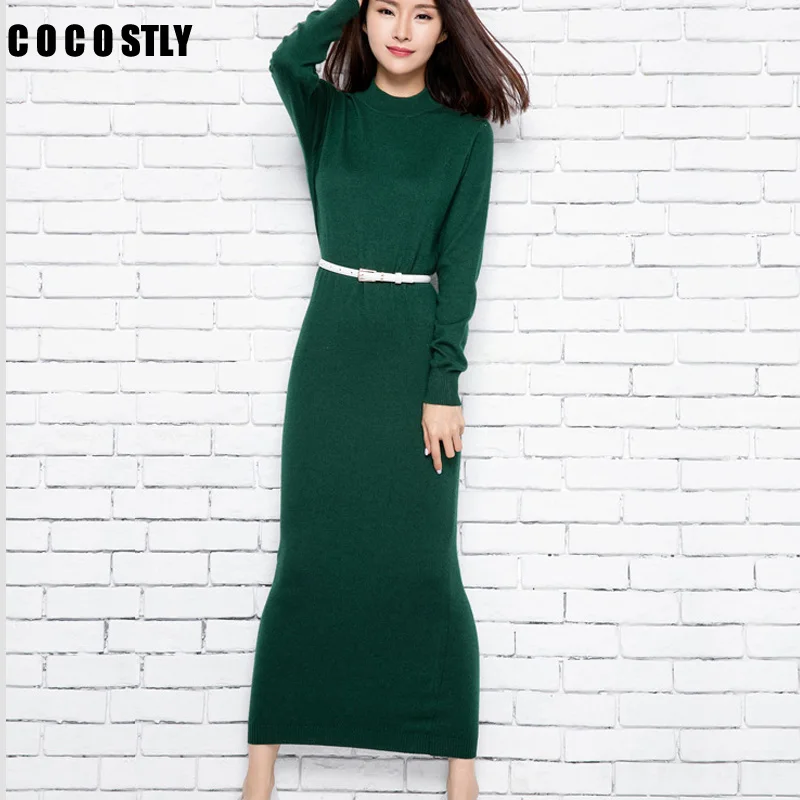 

2019 Women Autumn Winter Dress Knitted Half Turtleneck Ankle-Length Slim Fitted Cashmere Sweater Dress