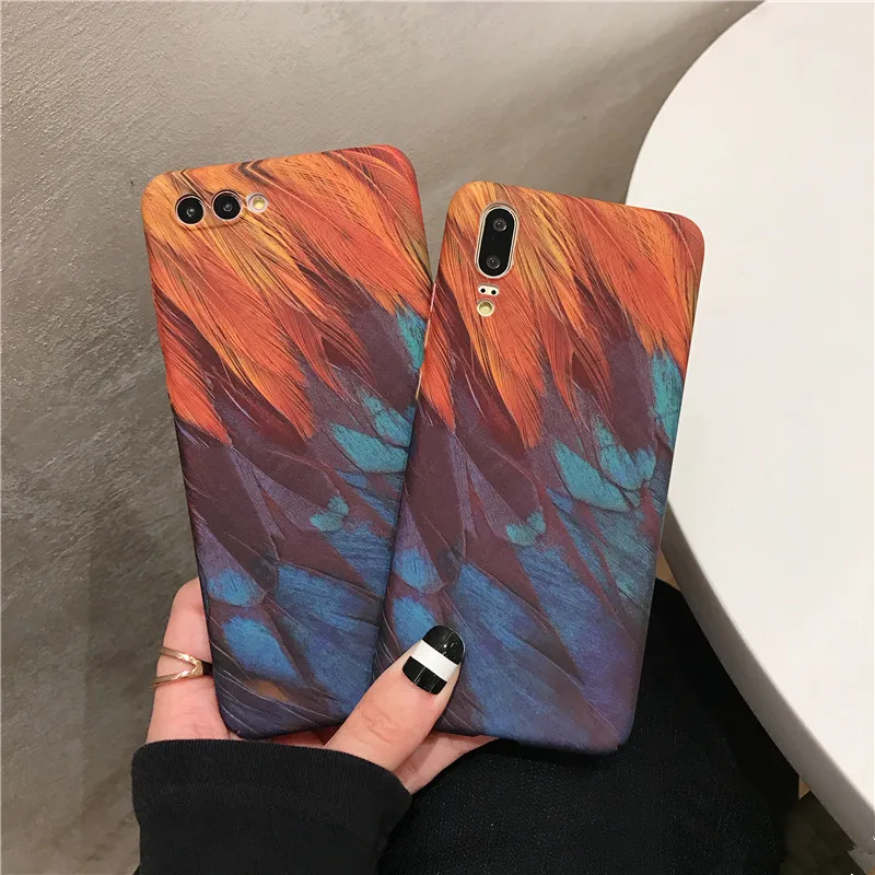 

Hard Case For Huawei P10 P20 Pro P20 lite Colorful Oil painting feather matte hard PC Case For Huawei Honor 9 10 back fundas
