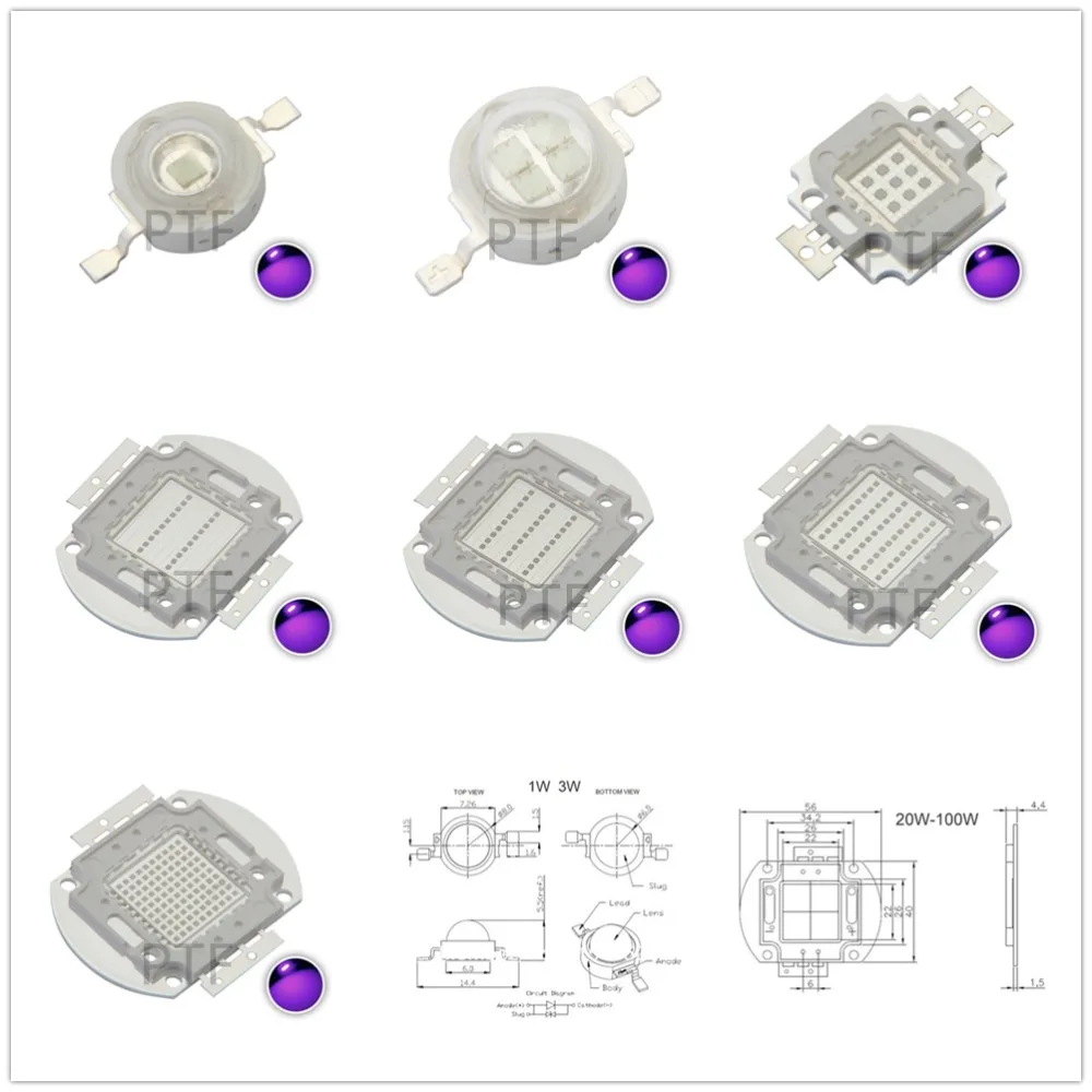 UV Purple LED Ultraviolet Bulbs Lamp Chips 365nm 375nm 380nm 385nm 395nm 400nm 405nm 3W 5W 10W 20W 30W 50W 100W High Power Light