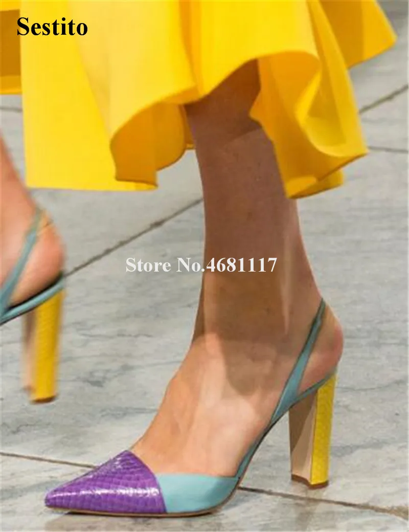 

Spring New Fashion Women Pointed Toe Patchwork Chunky Heel Pumps Slip-on Cut-out Thick High Heels Party Club Dress Shoes