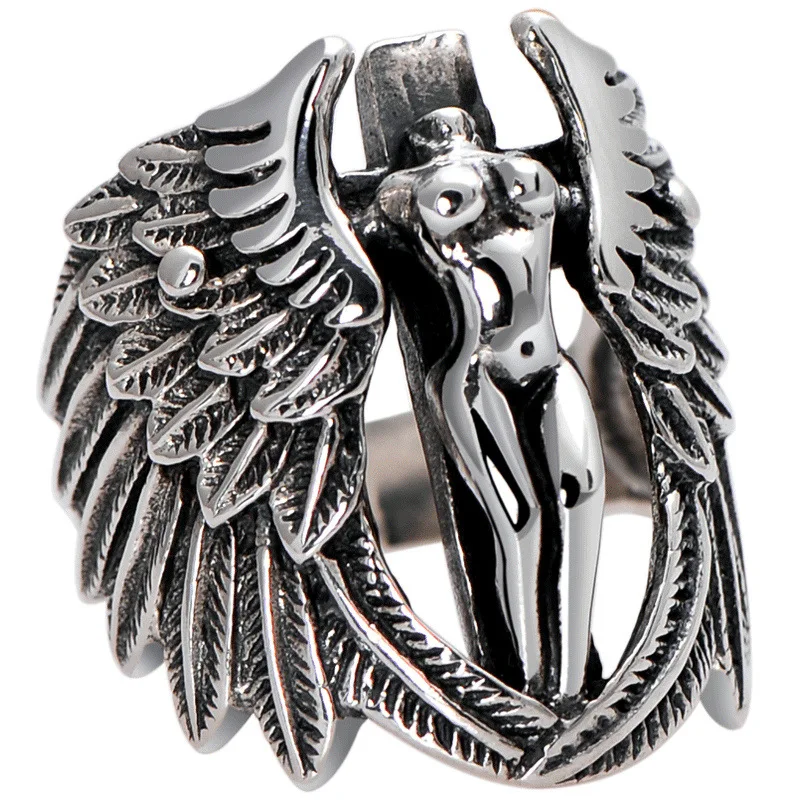 

UOORO Guardian Angel Creative Eagle Wings Design Personality Cross Ring For Man Woman Retro Silver Punk Style Jewelry Gift