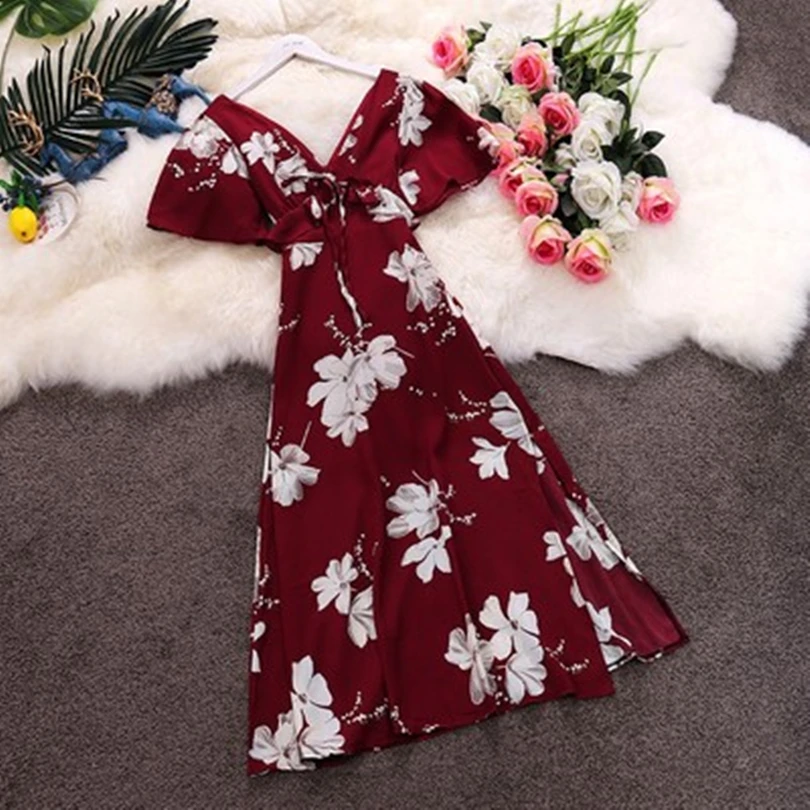 

TAOVK Summer Female Vintage V-neck Short-sleeved Floral Print Split Dress