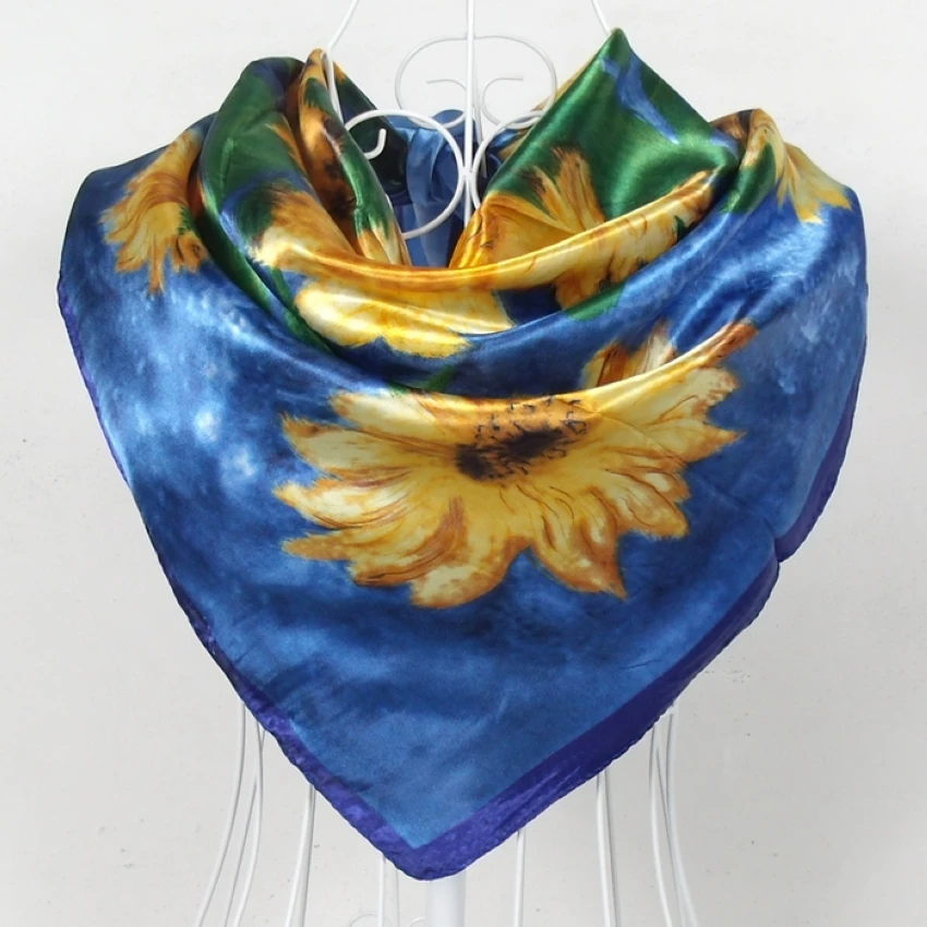 

2015 Square Polyester Silk Scarf New Sunflower Pattern 90*90cm Ladies' Satin Sqaure Scarves Printed New Style Women Headscarf