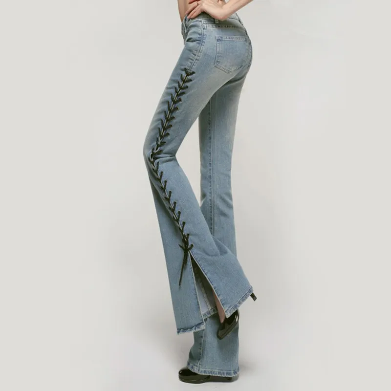 Новинка, синие облегающие джинсы со шнуровкой, женские джинсы с разрезом и завышенной талией, расклешенные джинсы, Стрейчевые обтягивающие брюки, расклешенные брюки