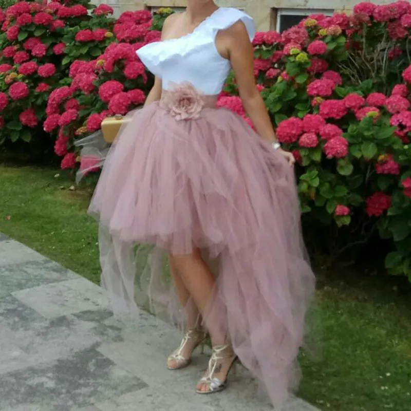 Модная высокая низкая пыльная розовая повседневная юбка пышная ярусная Тюлевая юбка с цветочным поясом Женская Асимметричная длинная
