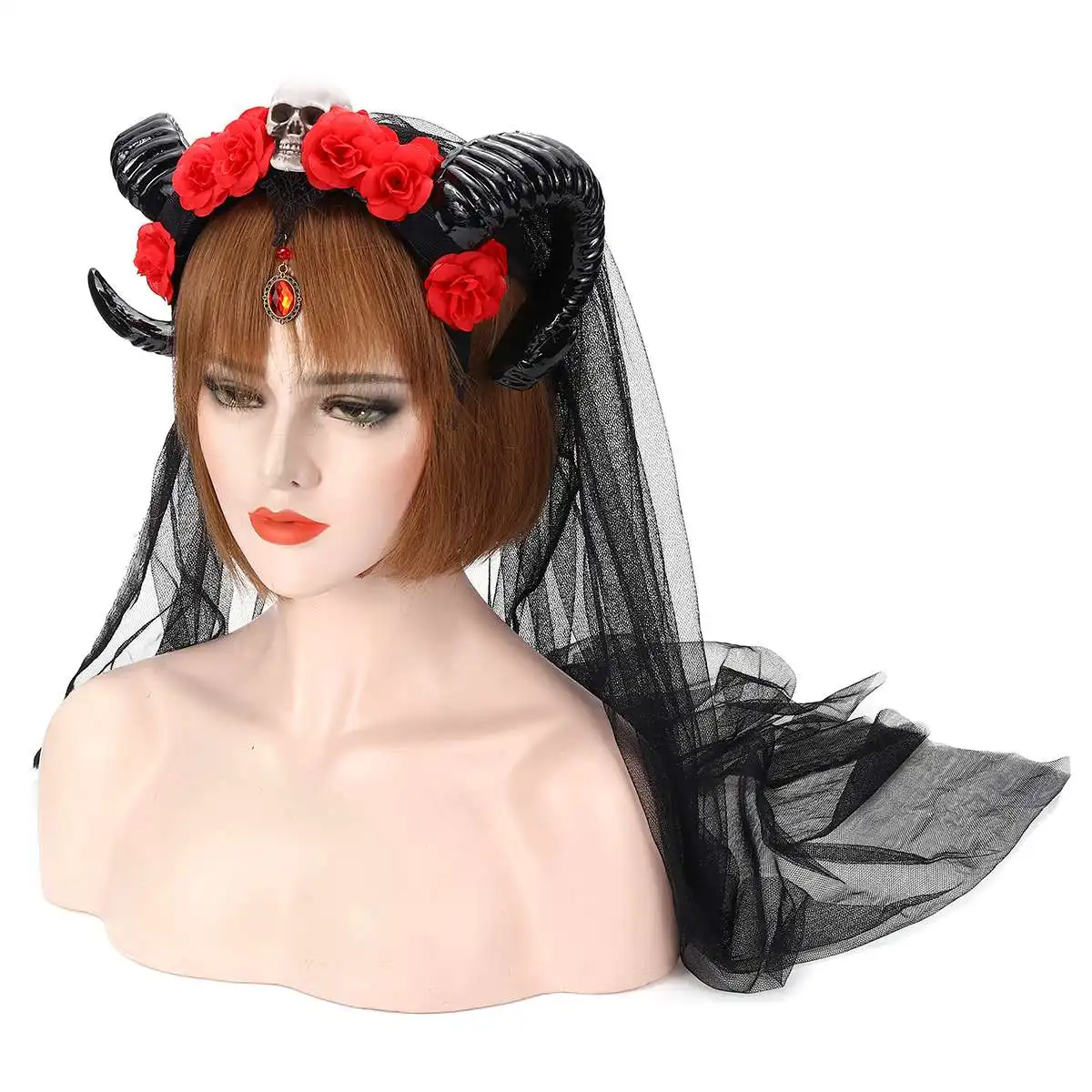 red 100cm mesh Роговая повязка на голову для девочек на Хэллоуин, стерео дьявол, овечьи рога повязки на голову с черепом, Готическая древняя повязка на голову, украшения, ювелирные изделия и аксессуары - Окраска металла: red 100cm mesh