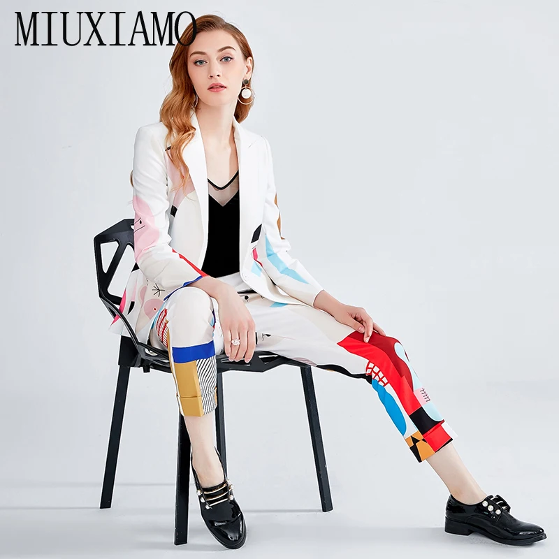 

MIUXIMAO Newest Fall Winter 2019 Runway Designer Blazer Jacket Women's Cartoon Print Breasted Blazer Overcoat Suit vestido