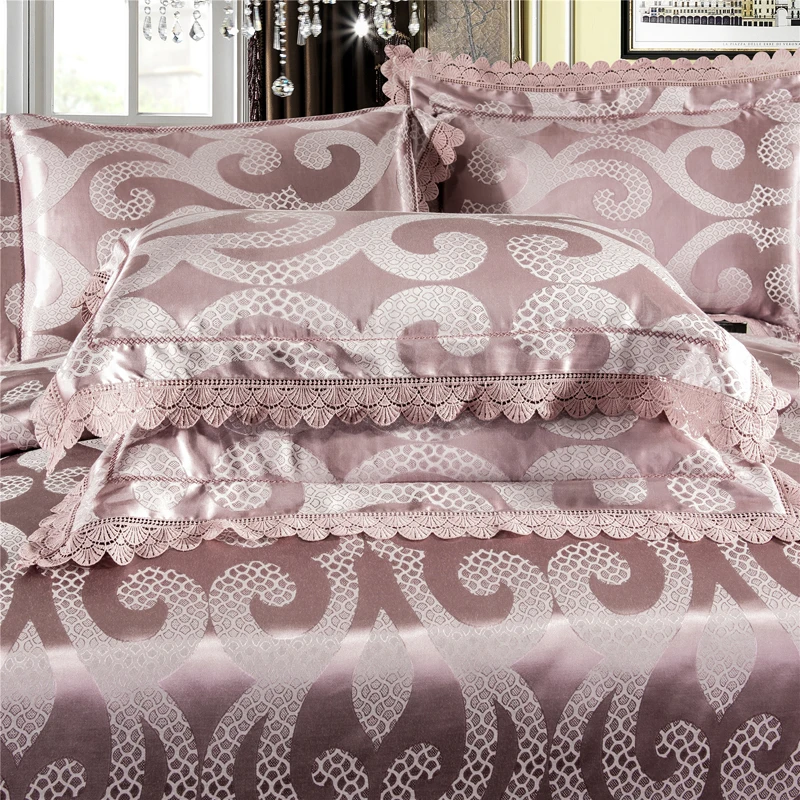 Waliicorners 4-Pcs gold silver lace Jacquard Bed Cover Queen King Size Luxury Bedding Set Silky Bedclothes Duvet Cover Bed Sheet set 47 6
