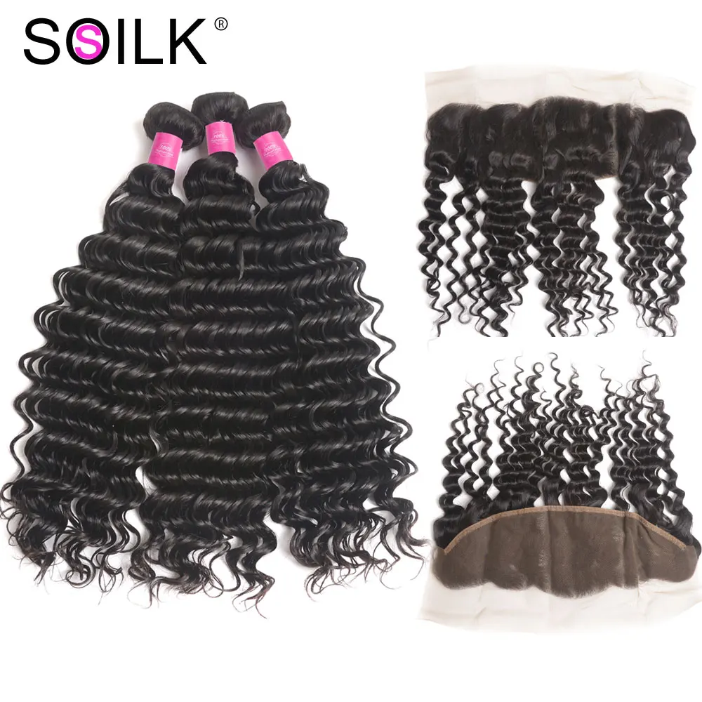 

Peruvian Hair Deep Wave Bundles With Frontal So Silk 4Pcs/lot Free Part Remy Human Hair Lace Frontal Closure With Bundles
