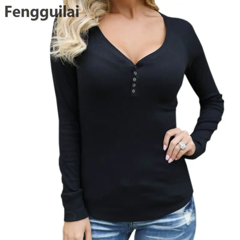 

2xl Women T -Shirt Spring Autumn Knitted Shirts White Long Sleeve Casual Tee Plus Size Solid Winter Tshirts Femme Buttons Gv807