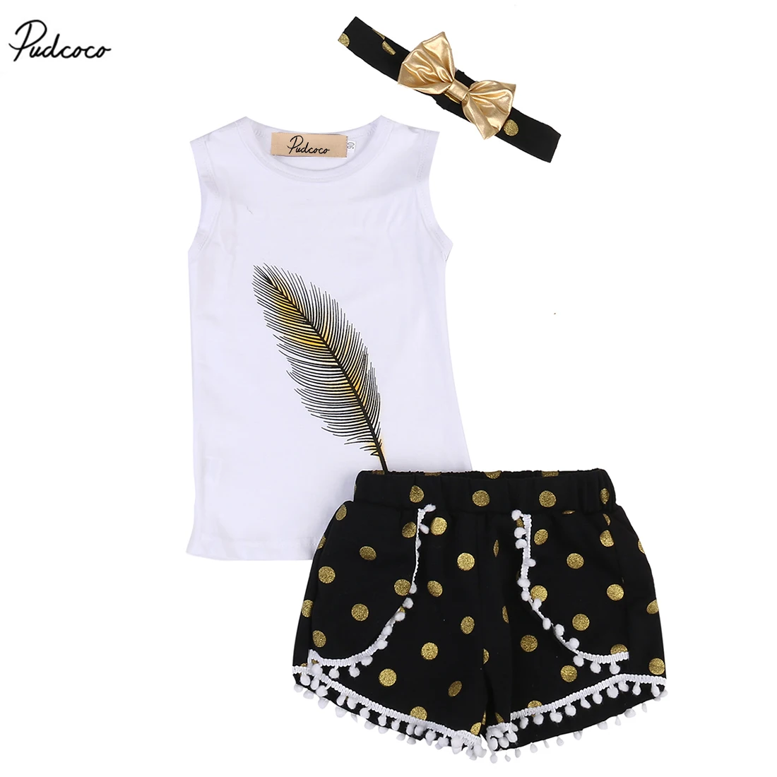 

3PCS 2017 New Summer Kids Girls Clothes Sleeveless Feather Vest Tops Tassel Plka Dot Shorts Pants Outfits Set 2-7Y