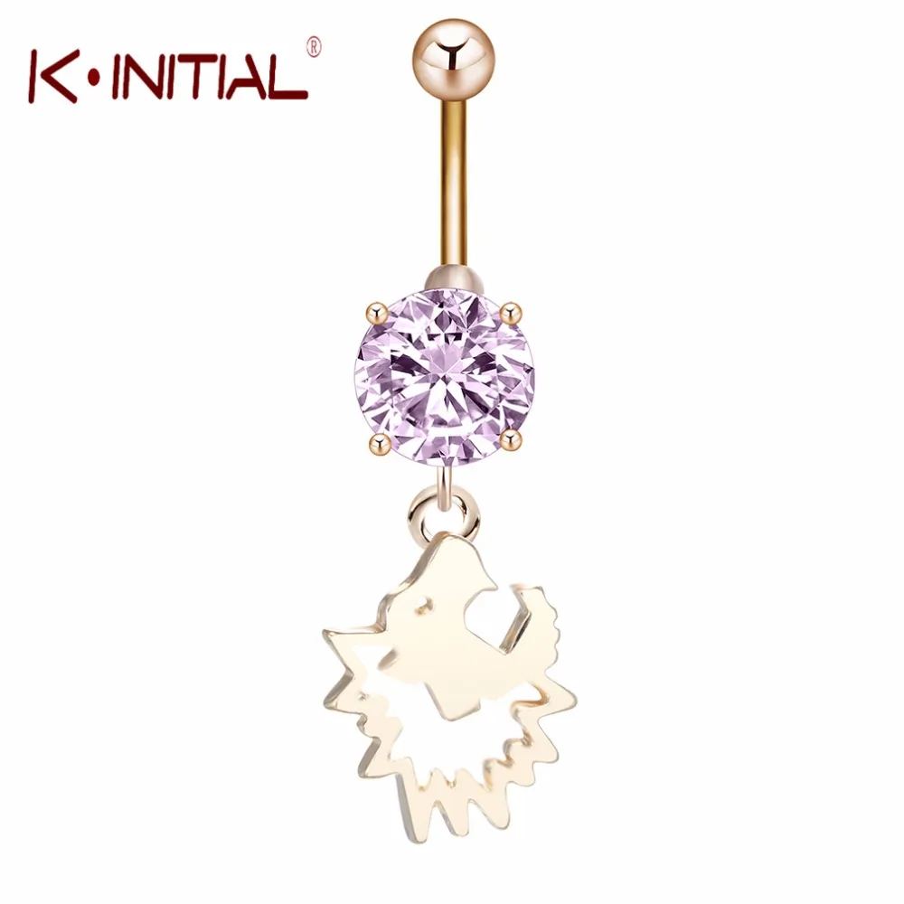 

Kinitial Animal Lion Pendant Navel Piercings Belly Rings Pink Zircon Gold Silver Plated Stainless Steel Button Ring Women Girls