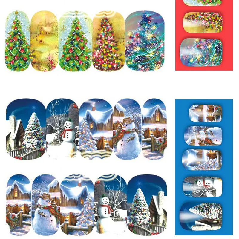 Новогодняя переводная татуировка 12 листов, Рождественская водная наклейка для ногтей, наклейки для ногтей, полное покрытие, Санта Клаус, снеговик, дизайнерские Переводные картинки