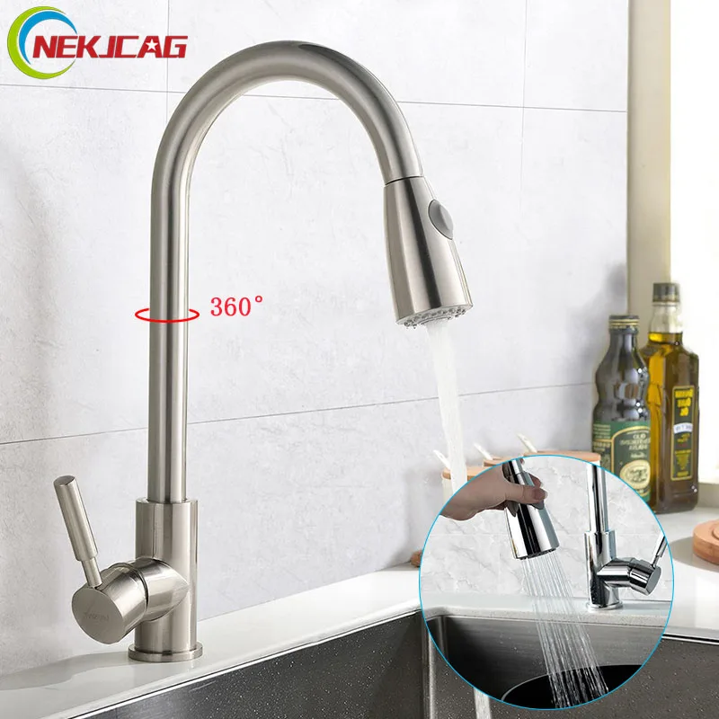 

Kitchen Faucet Brushed Nickel Chrome Deck Mounted Sink Faucet Single Handle Pull Out Faucets