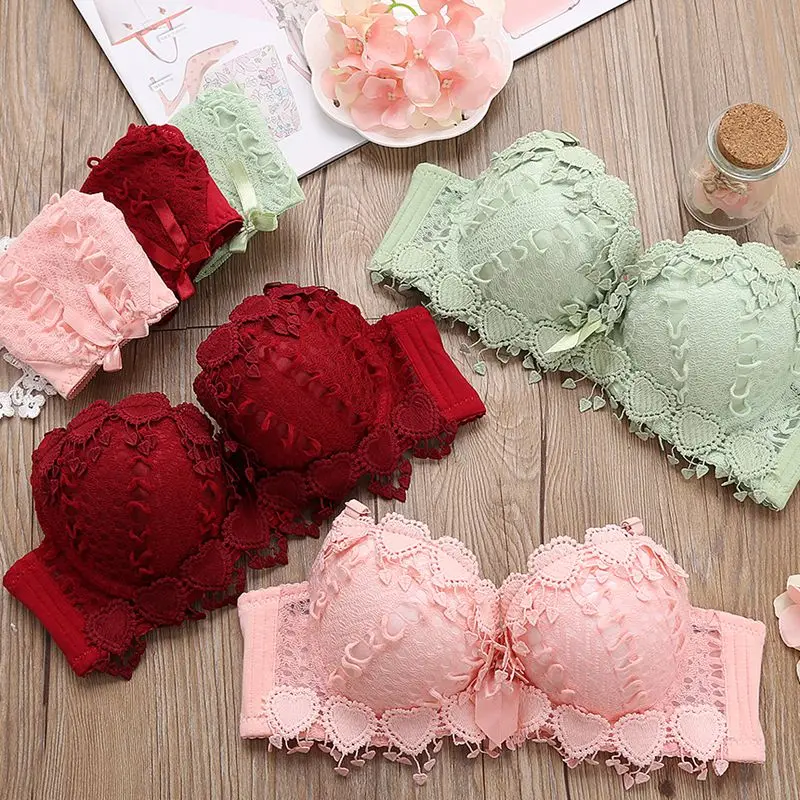 Sexy lace push up underwear set young girl small cotton bra set braset