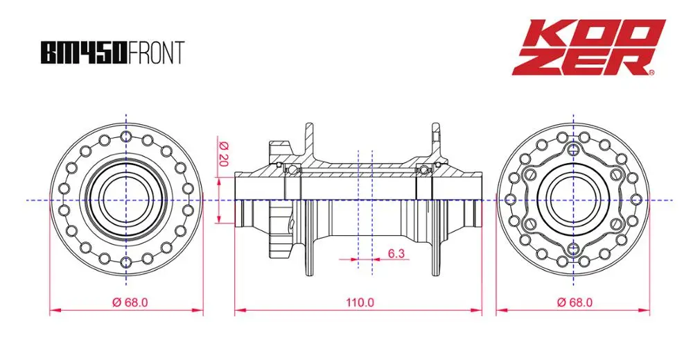 KOOZER BM450 Передняя велосипедная ступица FR/AM/DH, ступица для горного велосипеда 110*20 мм, 32 отверстия, 208 г, 2 герметичные подшипники