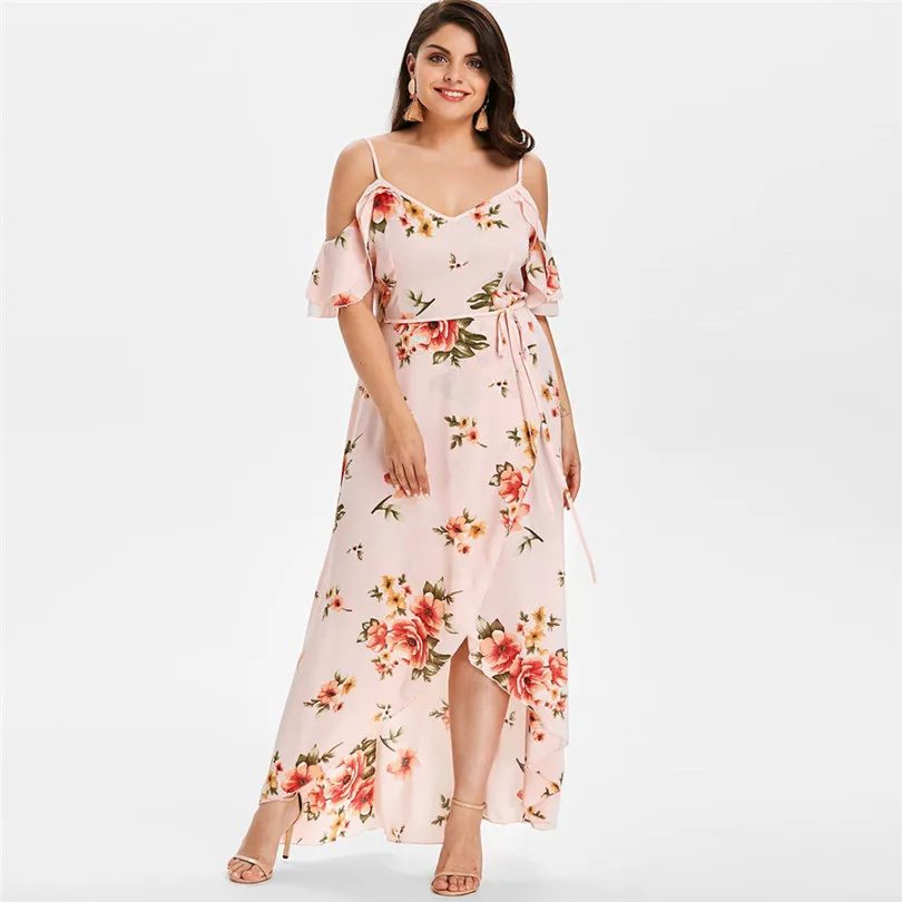   Plus Size Women Summer  Fashion  Casual Short Sleeve Cold Shoulder Boho Party Beach Flower Print Long Dress#4M11 (27)