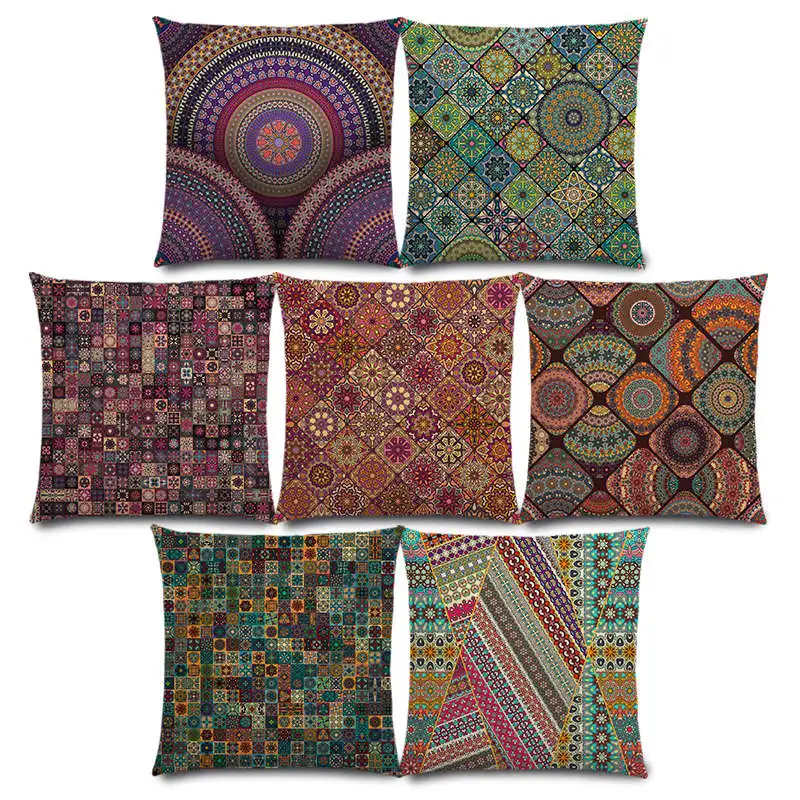 

New Boho Colorful Abstract Ethnic Floral Mandalas Pattern Prints Vintage Patchwork Geometric Cushion Cover Sofa Pillow Case