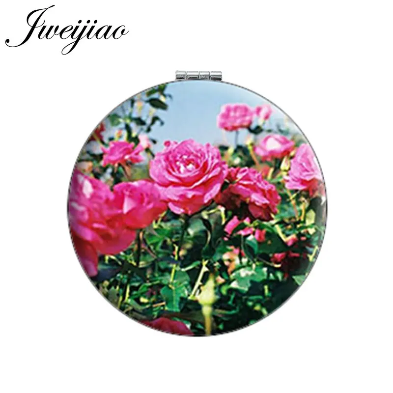 

JWEIJIAO Rose Flower Makeup Mirrors Mini Round Folding Compact Photo Print PU Leather Pocket Mirror 1X/2X Magnifying