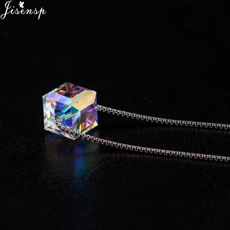 

Jisensp New Shinny Color Cubic Square Pendant Necklace for Women Party Gift Geometric Choker Necklace Women 925 Chain Necklace