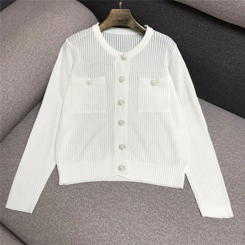 

Luxury Designer Brand Knitted Cardigans for Women O Neck Hollow Out Diamond Buttons Thin Loose Knitted Sweater Black White