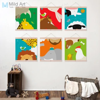 

Colorful Kawaii Cartoon Animals Head Giraffe Lion Wooden Framed Posters Kids Room Decor Wall Art Pictures Canvas Painting Scroll
