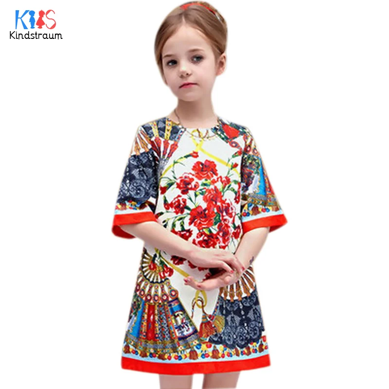 

2016 New Girls Summer Style Print Floral Dresses Kids European Style Three Quarter Dress Girls Party Dress Fashion Brand ,LC202
