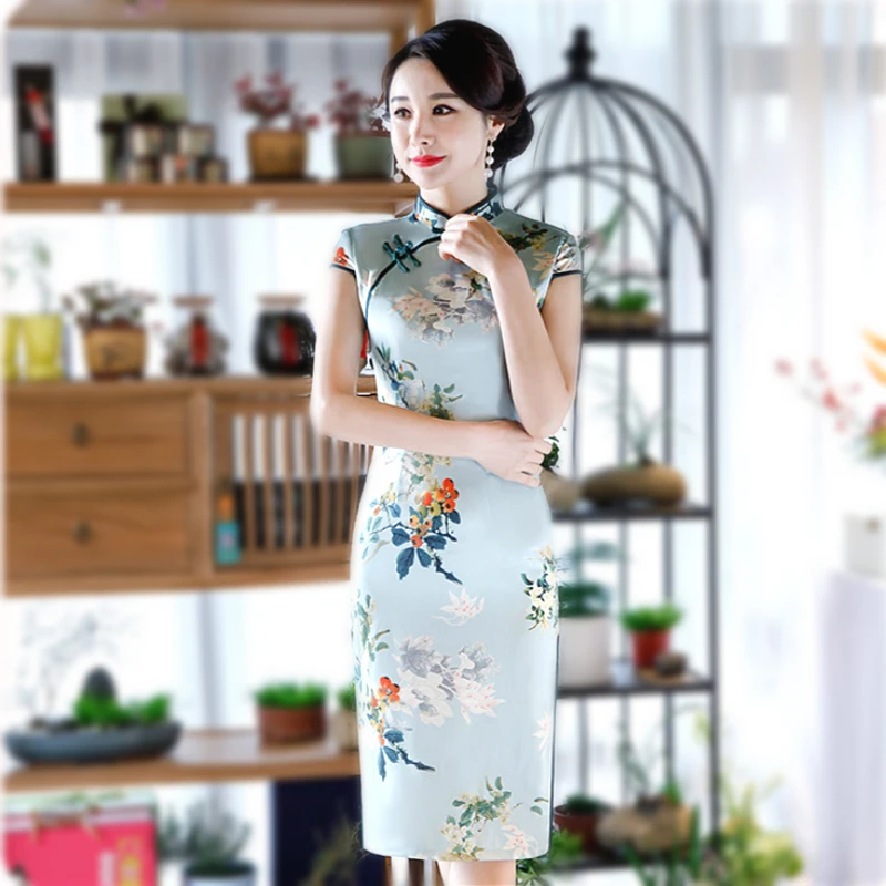 

Sheng Coco Flowers Cheongsam Women Mid-long Rayon Cheongsam Chinese Dress Flower Flams Show Modern Qipao Vintage Oriental Style