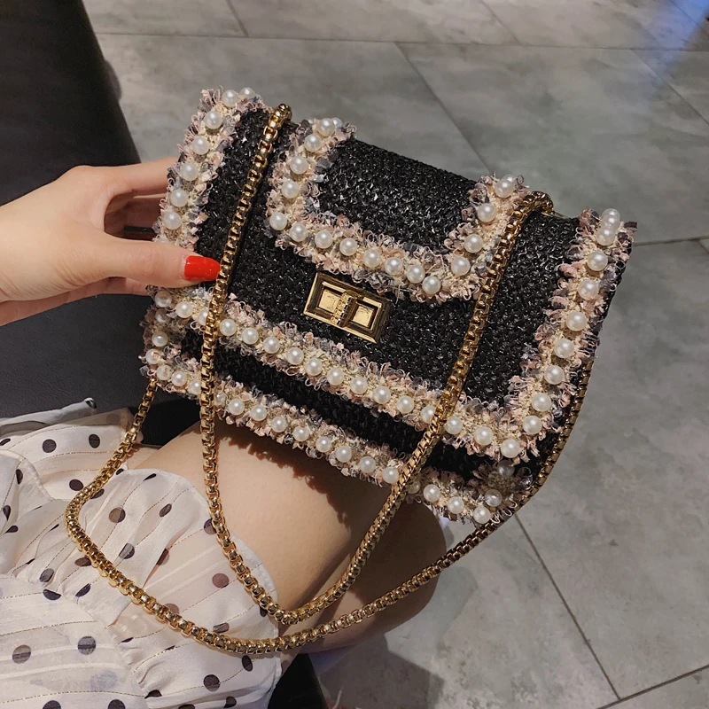 Милая маленькая квадратная сумка с откидной крышкой летняя модная новая качественная женская дизайнерская сумка с жемчужным замком на цепочке сумки через плечо