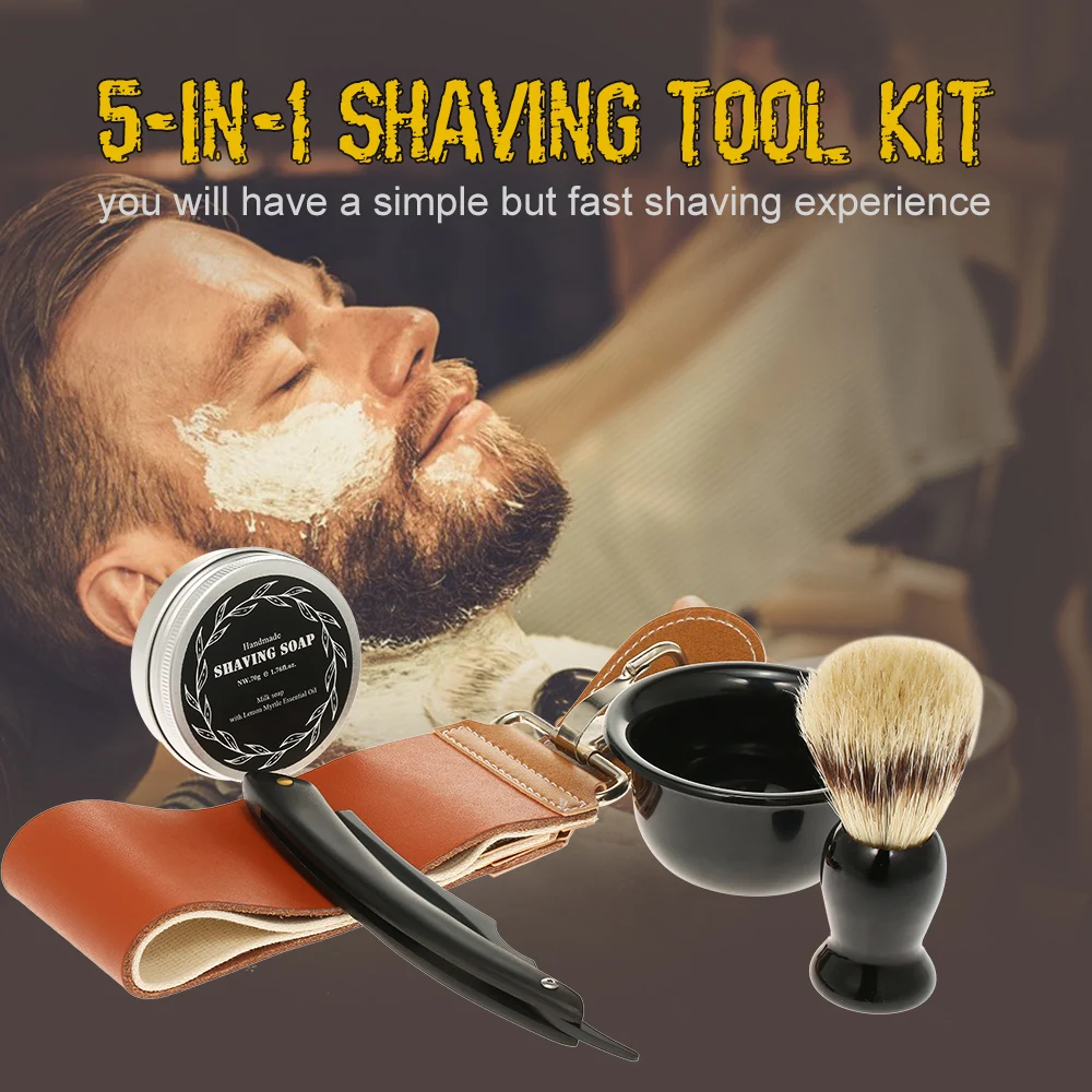 

Straight Razor Kit Shaving Brush Set 5-In-1 Shaving Razor Brush Mug Soap Razor Strap Shaving Kit for Men's Beard Shaving