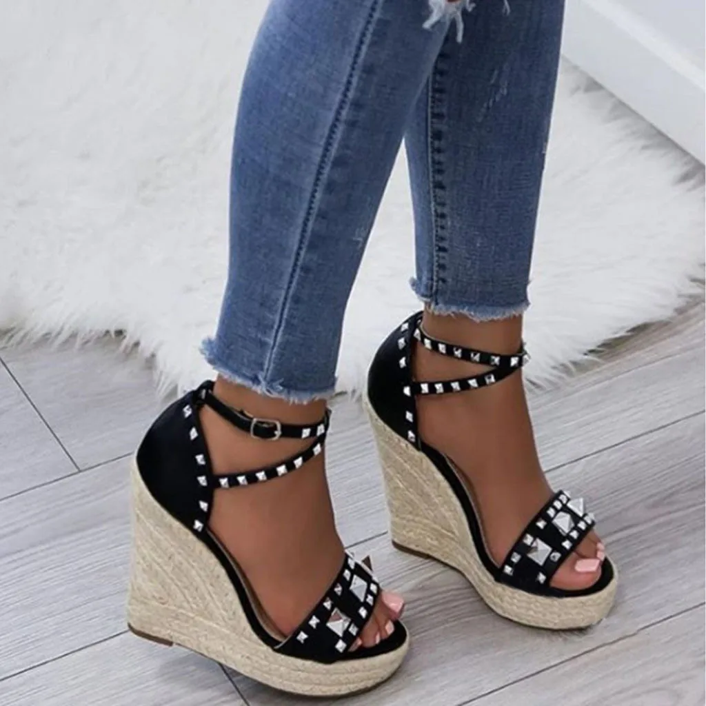 

SAGACE New Fashion Women's Retro Flock Open Toe Buckle Strap Rivets Wedges Thick Bottom Roman Shoes Plus Size 35-43 Sandals J17