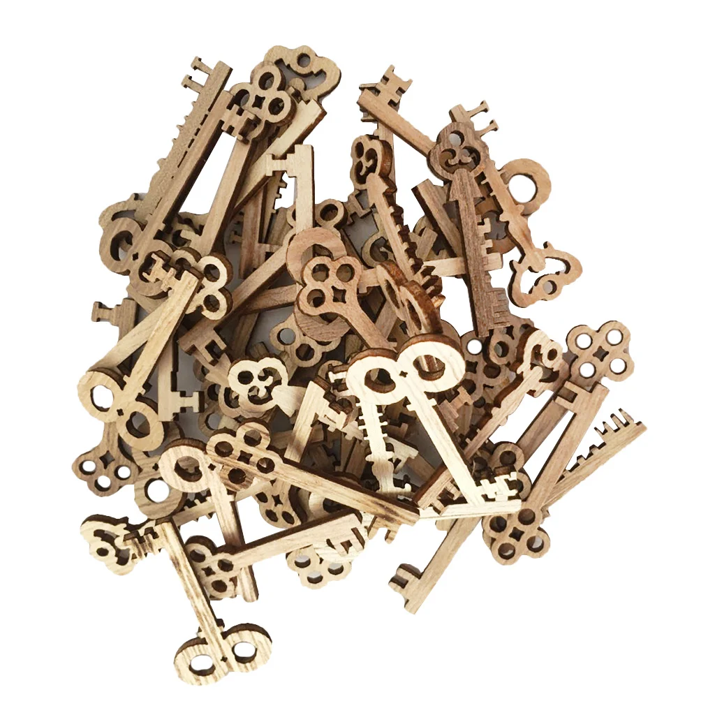 50pcs Key Shaped Unfinished Wood Pieces Crafts Wooden Hanging Embellishments