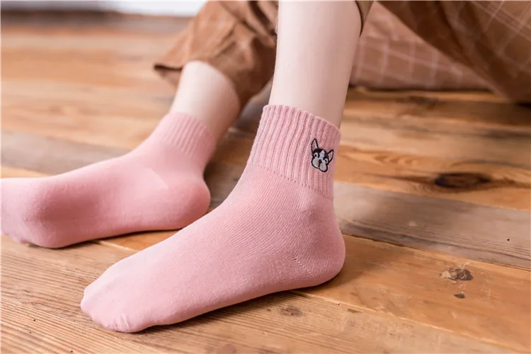 Зимние женские теплые носки с вышивкой «Французский бульдог» г. новые милые женские носки-бульдог из хлопка с рисунком из мультфильма, цветные Повседневные носки