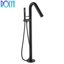 ROLYA Matte Black High Rise Round Free Standing Bathtub Filler Spout Shower Faucet Bath Mixer Tap Floor Mounted rolya cubix floor standing bathtub shower mixer faucet taps freestanding brass chrome finish handheld wand with bathtub filler