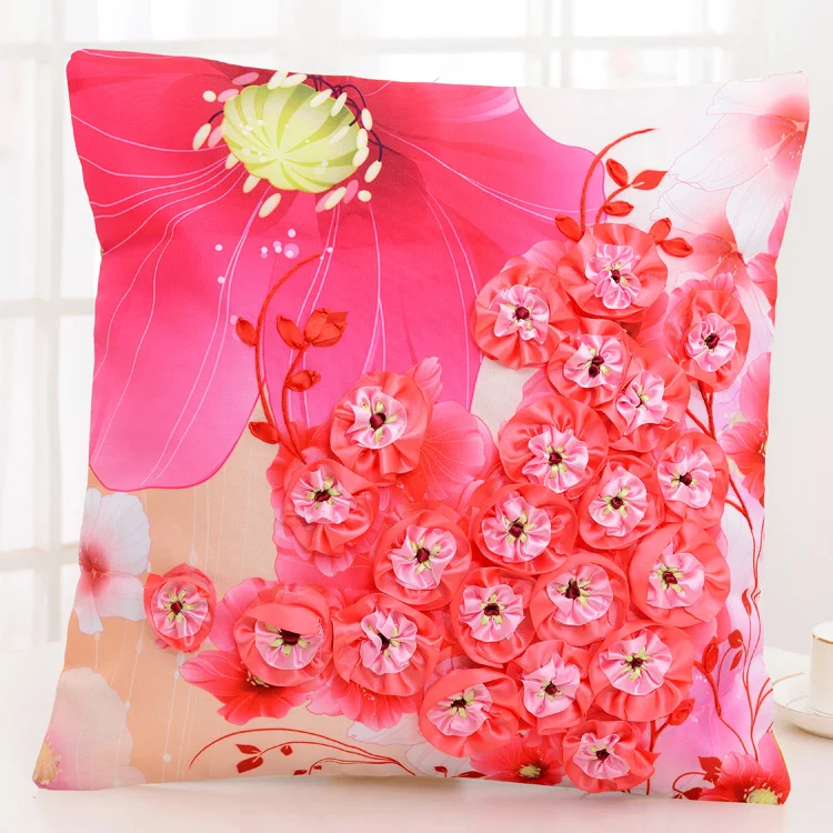 

3D Unfinished Ribbons Embroidery Sets Handmade Needlework Embroidery Kits,Pink Flower Cushion Cover 45*45cm