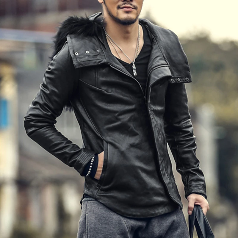 Men new Fashion Winter Warm Leather Jacket Men Hat Detachable genuine ...