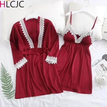 

Spring 2PCS Pyjama Femme Long Sleeve Pijama Sets For Women Sleepwear Set Silk Home Clothes Pajamas Sets Sexy Lace Robe Pajamas