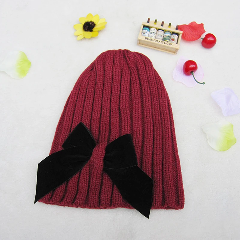 Winter Hat Kids Baby Bowknot Girls Pompon Warm Children Casual Solid Color Kid Knitted Cap For Boys | Детская одежда и обувь