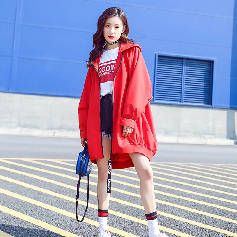 Jeunes Manteau Rouge Printemps Marque Veste Long Lâche Style Lady Nouveau Occasionnel Avec Fashion Capuche 2017 Femmes x4Awq078x