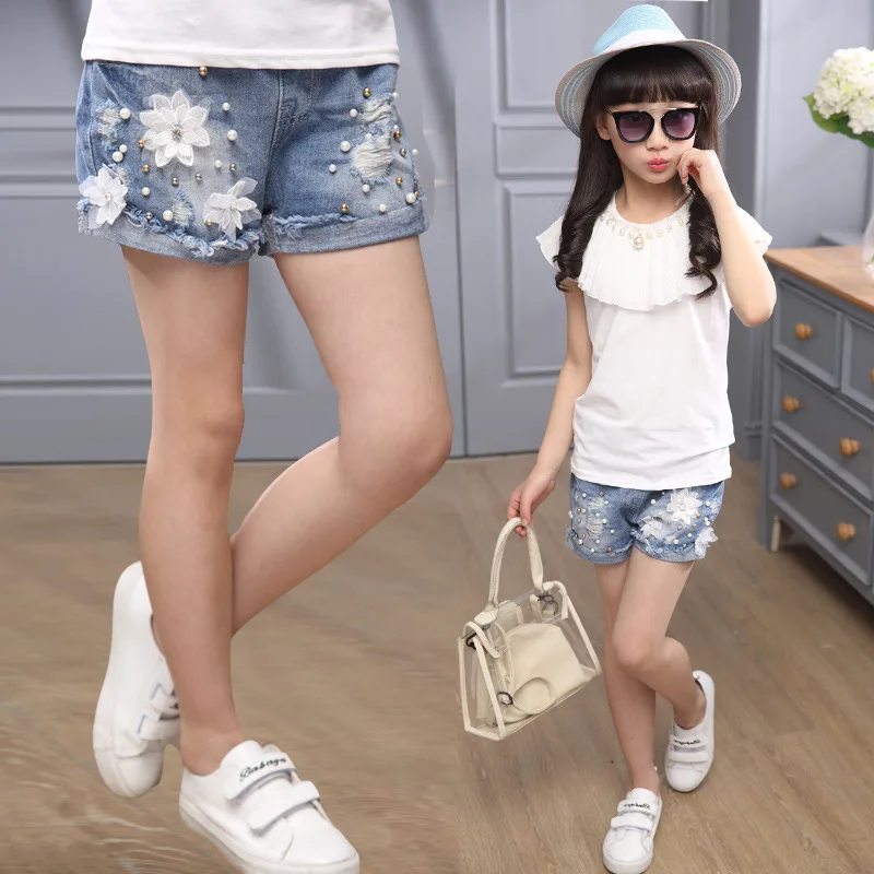 

Hot Sale Beautiful Ripped Jeans Shorts for Girls Summer New 2019 Teenage Denim Ruffle Pants Casual Kids Girl Short Jeans Pants