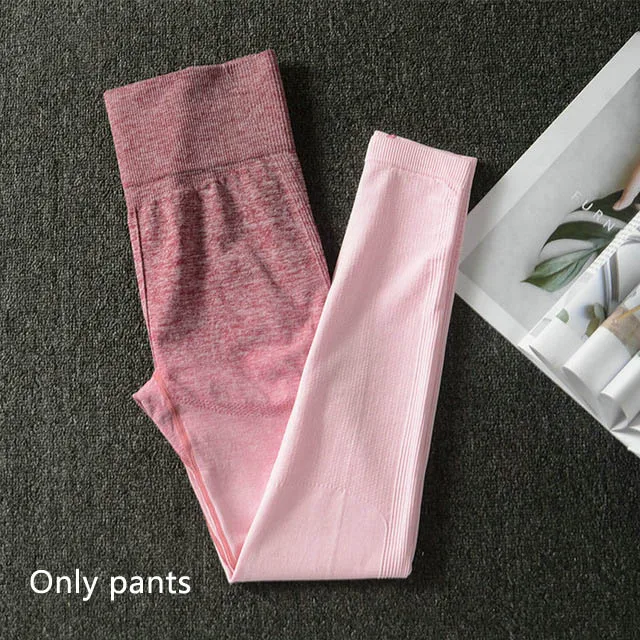Комплект из 2 предметов, бесшовный Женский комплект для йоги, короткий топ с длинными рукавами+ высокая талия, контроль живота, спортивные Леггинсы, спортивная одежда, спортивный костюм - Цвет: Gradient rose pants