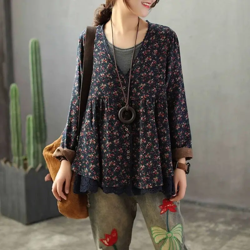 

New Spring Summer Blouse Retro Women Loose Shirt Fake Two Pieces Tops V-neck Cardigan Print Flower Blended Ladies Casual Shirt