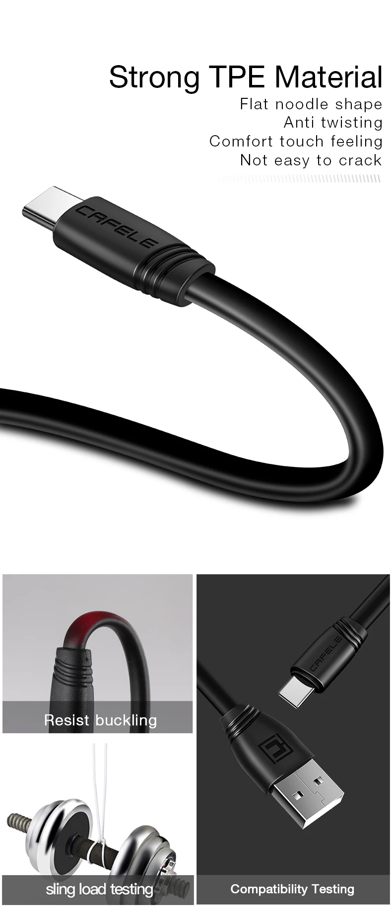 Cafele плоский Тип C Usb Дата-кабель для samsung huawei Xiaomi TPE кабель для зарядки Прочный Usb кабель синхронизации данных 5В 2.1A