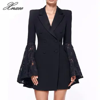 

Spring and Autumn large size new women's lapel double-breasted trumpet sleeves long blazer