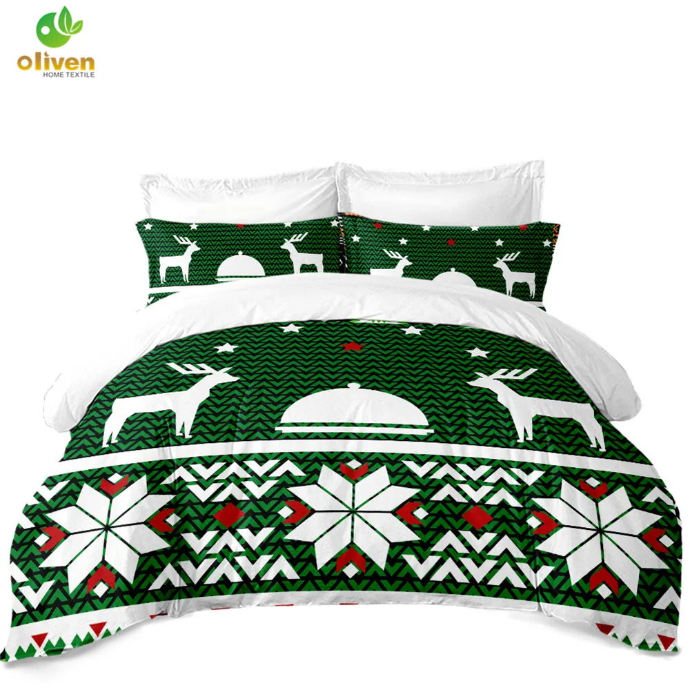 Green Bedding Set Boho Geometric Duvet Cover Set Deer Print Quilt