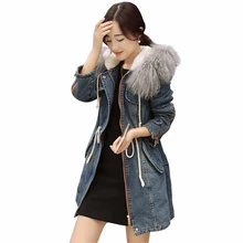 Женская зимняя джинсовая куртка,, новая мода, овечья шерсть, утолщенная, большой меховой воротник, пэчворк, теплое пальто, женская парка, QW712