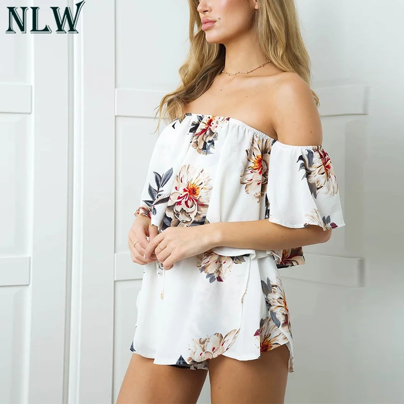 NLW Белый Boho комбинезон с принтом открытыми плечами и рюшами Летний шифоновый боди