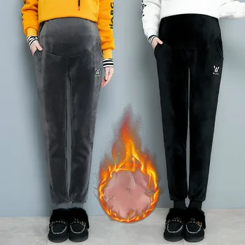 

Maternity Women Winter Full Length Adjustable Elastic Waist Pant Pregnancy Belly Care Velour Thick Warm Fleece Slim Leg Trousers